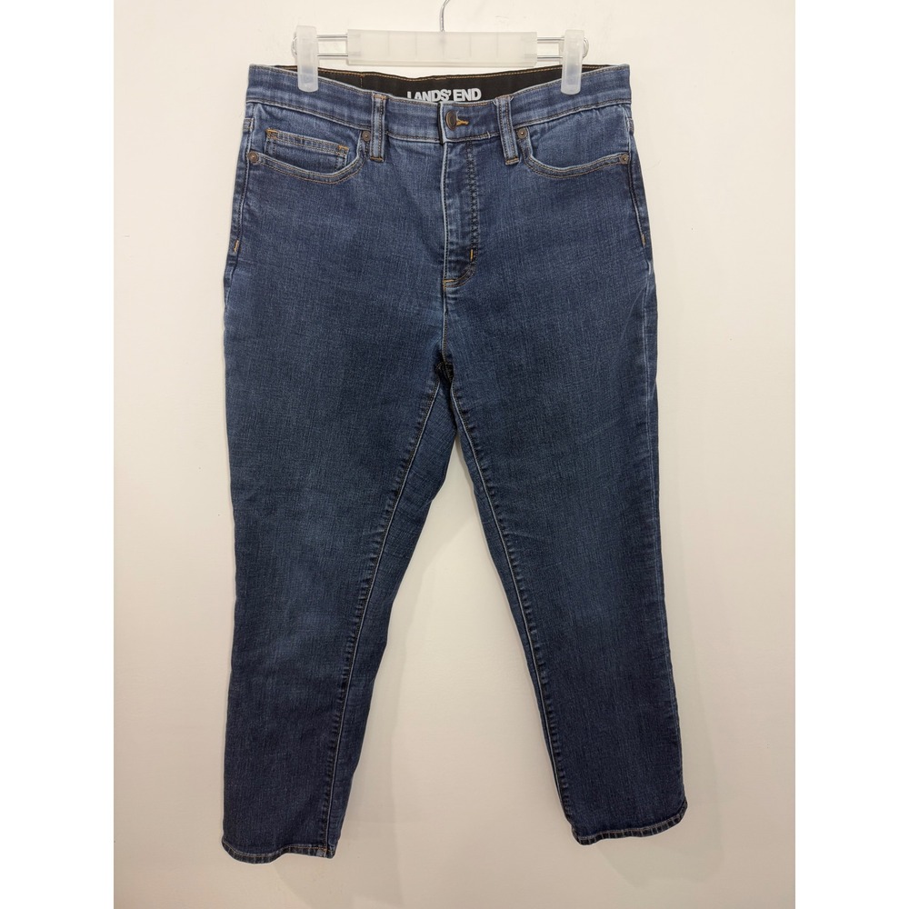 Lands End Womens High Rise Straight Jeans Petite 10 Dark Wash Blue Denim